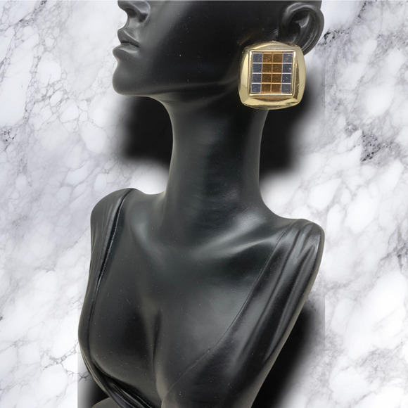 Vintage 1980's Silver & Gold Acrylic Grid Square Earrings Clip On Runway Couture - Picture 4 of 6